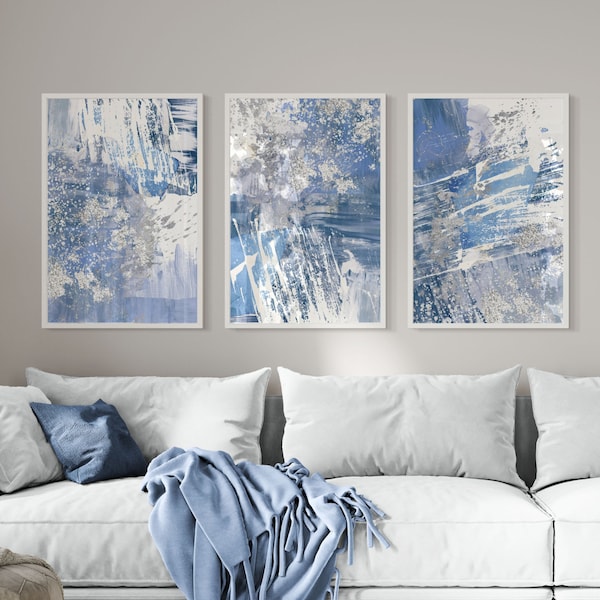 Blue Abstract Wall Art, Blue Silver Brush Strokes Printable Wall Art Set of 3, Modern Hallway Print, Living Room Wall Decor