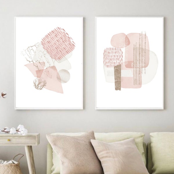 Pink Wall Art Abstract,  Blush Pink Watercolour Shapes Printable Wall Art, Set of 2 Geometric Hallway Prints, Living Room Wall Decor