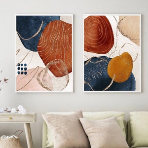 Abstract Wall Art, Watercolour Shapes Printable Wall Art, Navy Terracotta Gold  Set of 2 Prints, Geometric Print Set