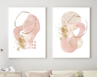 Pink Abstract Print Set, Pink and Gold Watercolour Shapes Printable Wall Art, Modern Hallway Print, Neutral Living Room Wall Decor.