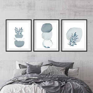 Blue Grey Abstract Wall Art, Watercolor Shapes Printable Wall Art, Set of 3 Abstract Prints, Living Room Wall Decor, Hallway Prints