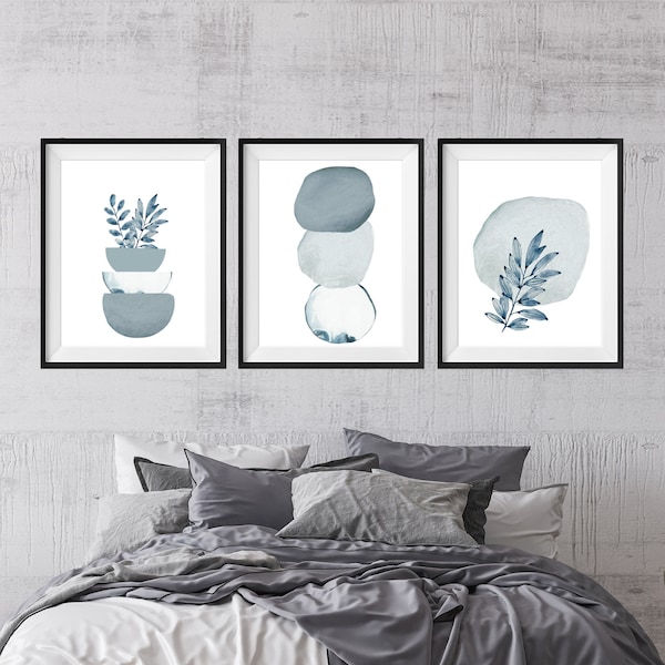 Arte de pared abstracto gris azul, arte de pared imprimible de formas de acuarela, conjunto de 3 impresiones abstractas, decoración de la pared de la sala de estar, impresiones de pasillo
