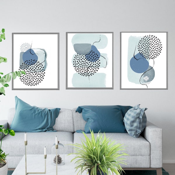 Arte murale moderna, stampe di forme acquerellate, set di 3 stampe astratte azzurre, set di stampe minimaliste grigie.