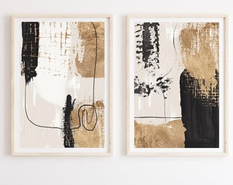 Arte de pared abstracto, formas de arte de una sola línea de oro negro neutro moderno conjunto imprimible de 2 impresiones de pasillo, decoración de pared de sala de estar minimalista