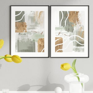 Green Wall Art, Abstract Print Set of 2, Green Marble Printable Wall Art, Green and Gold Hallway Poster Set, Modern Living Room Wall Decor