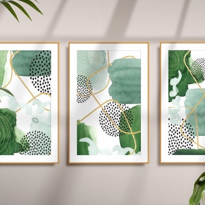 Abstract Wall Art, Green and Gold Set of 3 Watercolour Shapes Printable Wall Art, Living Room Wall Decor