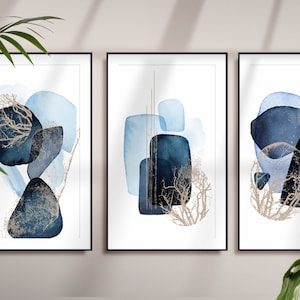 Blaue abstrakte Wandkunst, marineblaue und goldene Aquarellformen, druckbare Wandkunst, 3er-Set Geometrischer Flurdruck, Wohnzimmer-Wanddekoration