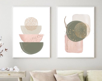Abstract Wall Art, Green and Pink Watercolor Shapes Printable Wall Art, Modern Geometric Hallway Print, Boho Room Decor