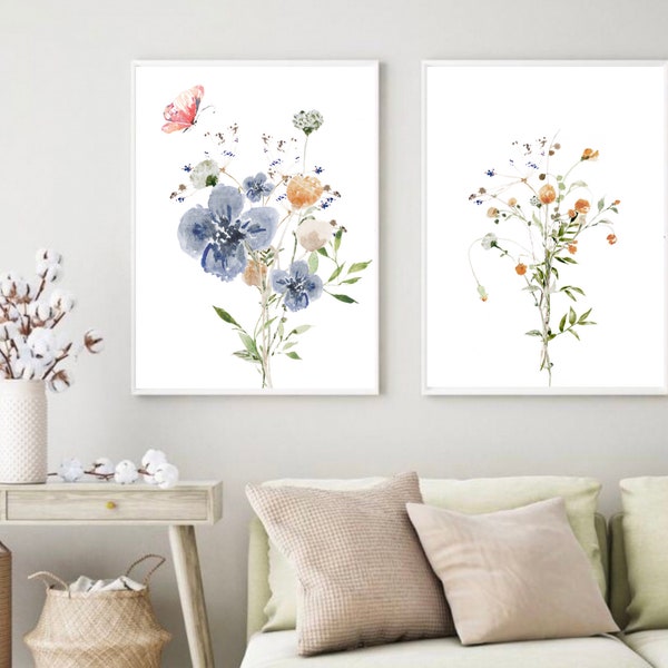 Aquarelle Botanical Print Set of 2, Wild Flower Printable Wall Art, Hand Painted Floral Hallway Print Set, Nursery Gallery Wall