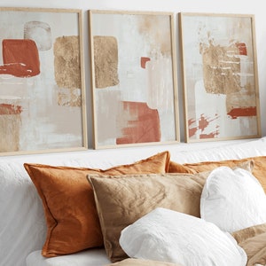 Arte da parete stampabile in terracotta, stampa d'arte astratta moderna Set di 3, decorazione da parete minimalista per soggiorno, stampa di forme d'arte in oro arancione per corridoio