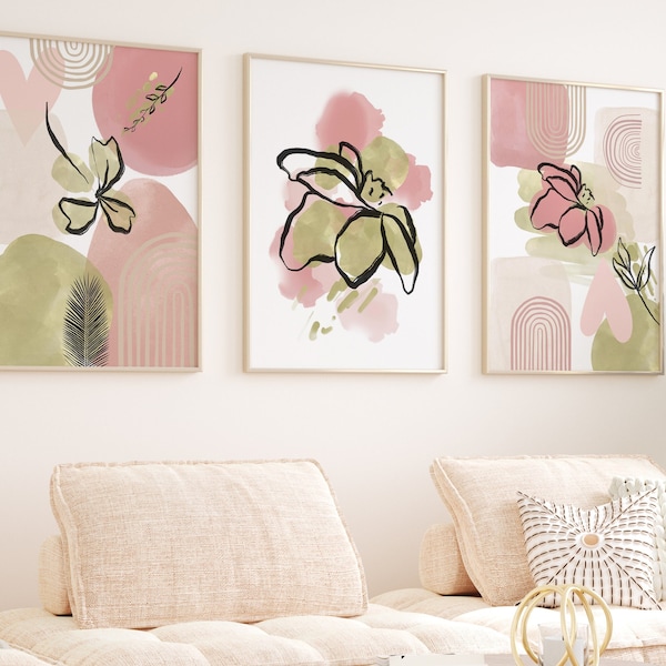 Ensemble de 3 estampes abstraites, rose rose, vert citron, peinture botanique, art mural imprimable, décoration murale moderne, oeuvre d'art pour bureau à domicile