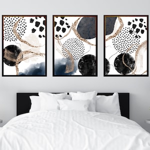 Abstract Wall Art, Black Navy Gold Watercolour Shapes Printable Wall Art, Set of 3 Geometric Hallway Prints, Living Room Wall Decor