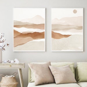 Abstract Landscape Print, Neutral Watercolor Landscape Abstract Printable Wall Art, Set of 2 Beige Minimalist Living Room Wall Decor