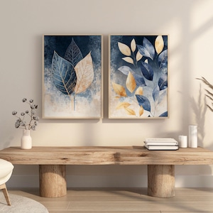 Conjunto de estampados botánicos azules, arte de pared imprimible abstracto azul marino y dorado, decoración de pared moderna para sala de estar, póster para dormitorio, impresión para pasillo.