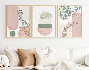 Roze muurkunst salie print set van 3 afdrukbare muurkunst woonkamer decor blush roze boho boven bed artwork groene hal poster thuiskantoor
