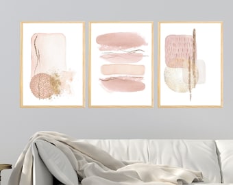 Rosa und Gold Abstrakte Prints, Aquarell Abstrakte druckbare Wandkunst 3er-Set, Neutrale Töne moderne minimalistische Wandkunst