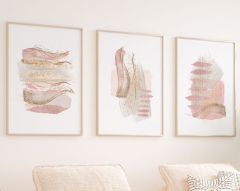Rosa utskrivbar väggkonst, modern rosa och guld set med 3 tryck, minimalistisk väggdekor i vardagsrummet, rodnande rosa konstformer i hallen