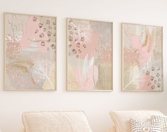 Pink Abstract Wall Art, Pastel Pink Soft Gold Printable Wall Art Set of 3 Hallway Print, Living Room Wall Decor