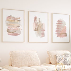 Pink Printable Wall Art, Modern Pink and Gold Set of 3 Prints, Minimalist Living Room Wall Decor, Blush Pink Art Shapes Hallway Print