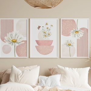 Arte de pared rosa, conjunto botánico rosa rosa de 3 impresiones, decoración de sala de estar nórdica minimalista, impresión de pasillo de formas de arte rosa rubor