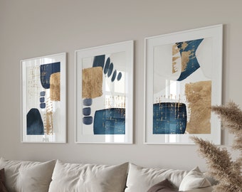 Set of 3 Navy Blue and Gold Wall Art Prints, Modern Geometric Abstract Printable Wall Art, Blue Living Room Decor, Minimalist Hallway Poster