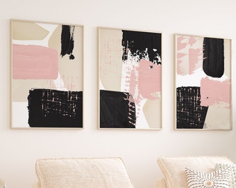 Druckbare Wandkunst, modernes rosa und schwarzes Set mit 3 Drucken, minimalistische Wohnzimmerwanddekoration, erröten rosa Kunstformen Flurdruck