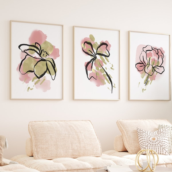 Ensemble de 3 estampes abstraites, rose rose, vert citron, peinture botanique, art mural imprimable, décoration murale moderne, oeuvre d'art pour bureau à domicile