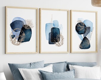Blaue Wand Kunst Druck Set, Marineblau und Gold abstraktes druckbares Poster, moderne Flur Poster, Wohnzimmer Wanddekor
