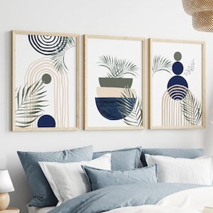 Boho Printable Wall Art, Modern Sage Green and Navy Blue Set of 3 Prints, Minimalist Living Room Wall Decor, Art Shapes Hallway Print