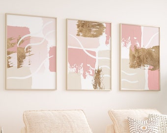 Printable Wall Art, Modern Pink and Gold Set of 3 Abstract Prints, Minimalist Living Room Wall Decor, Blush Pink Block Colour Hallway Print