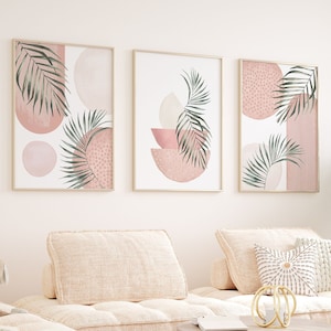 Pink Boho Wall Art, Green Fern Botanical Mid Century Printable Wall Art Set of 3, Modern Geometric Hallway Print, Living Room Wall Decor