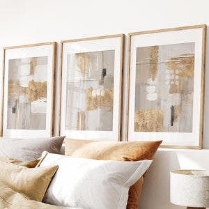 Abstrakte Kunst Prints, Gold und Beige druckbare Wandkunst, Blockfarbe Pinselstriche, 3er-Set