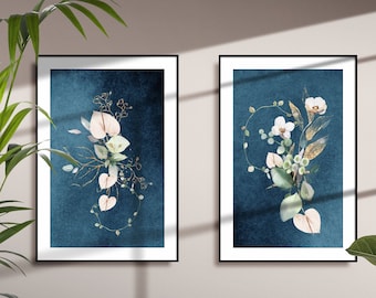 Abstrakte Wandkunst, Blauer botanischer Druck 2er-Set, Marineblaue Blumenwandkunst, Wohnzimmer druckbare Wandkunst, Flurdruck