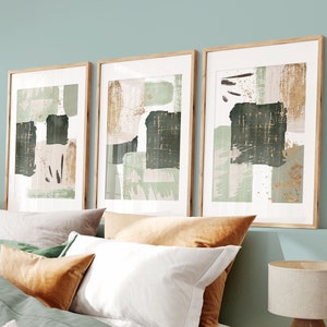Arte de parede abstrata verde, formas de aquarela verde e dourada, conjunto de arte de parede para impressão de 3 impressões geométricas para corredor, decoração de parede para sala de estar