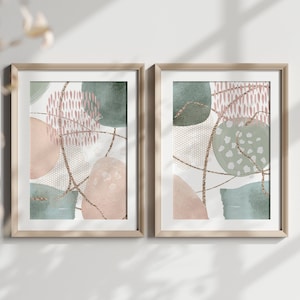 Conjunto de impresión abstracta de 2, arte de pared imprimible rosa y verde salvia, conjunto de carteles de sala de estar moderna, decoración de la pared del dormitorio, impresiones estéticas del pasillo