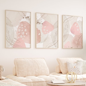 Pink Abstract Wall Art Set of 3,  Soft Pink and Cream Watercolour Shapes Printable Wall Art, Modern Living Room, Hallway, Bedroom Print Set