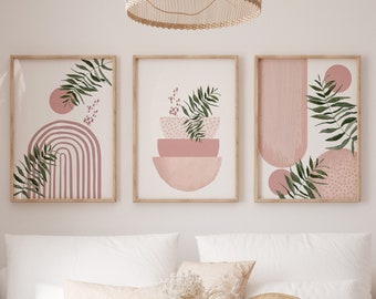 Pink Boho Printable Wall Art, Modern Nordic Pink Set of 3 Prints, Minimalist Living Room Wall Decor, Blush Pink Art Shapes Hallway Print