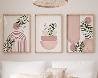 Rosa Boho druckbare Wandkunst, modernes nordisches rosa 3er-Set Drucke, minimalistische Wohnzimmerwanddekoration, erröten rosa Kunstformen Flurdruck