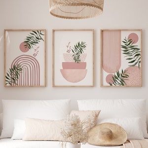 Art mural imprimable bohème rose, lot de 3 impressions roses nordiques modernes, décoration murale de salon minimaliste, impression de formes artistiques rose poudré