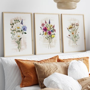 Botanical Print Set of 3, Wild Flower Watercolour Painting, Neutral Floral Printable Wall Art, Living Room Wall Decor, Nursery Poster