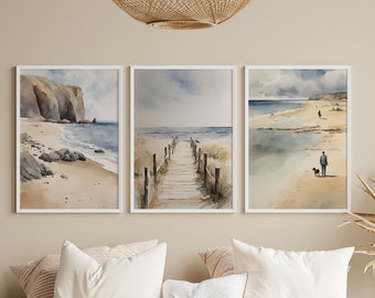 Beach Wall Art, Set of 3 Watercolour Coastal Prints, Ocean Printable Wall Art, Living Room Wall Decor, Hallway Print Set, Bedroom Poster