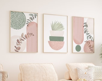 Boho Printable Wall Art, Modern Pink and Green Set of 3 Prints, Minimalist Living Room Wall Decor, Blush Pink Art Shapes Hallway Print