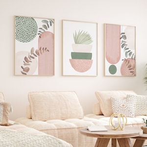 Arte de pared imprimible boho, conjunto moderno de 3 impresiones en rosa y verde, decoración minimalista de la pared de la sala de estar, estampado de pasillo con formas de arte rosa rubor