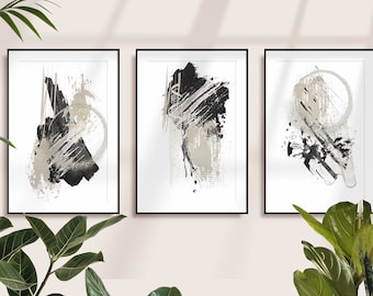 Abstrakte Kunst Drucke, Schwarz und Silber druckbare Wandkunst, Block Farbe Pinselstriche, 3er-Set, moderne minimalistische Wohnzimmer Wanddekoration