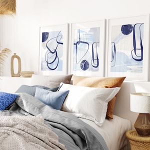 Minimalist Line Drawing Blue Modern Nordic Printable Gallery Wall Art Set of 3 Living Room Wall Decor, Abstract Hallway Prints