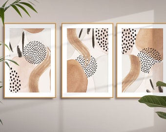 Neutral Abstract Wall Art, Neutral Watercolour Shapes Printable Wall Art Set of 3 Prints, Beige Geometric Print Set