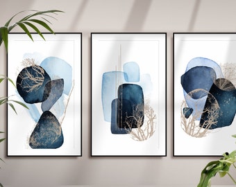 Art mural abstrait bleu, formes aquarelles bleu marine et or, art mural imprimable, formes géométriques pour couloir, décoration murale de salon