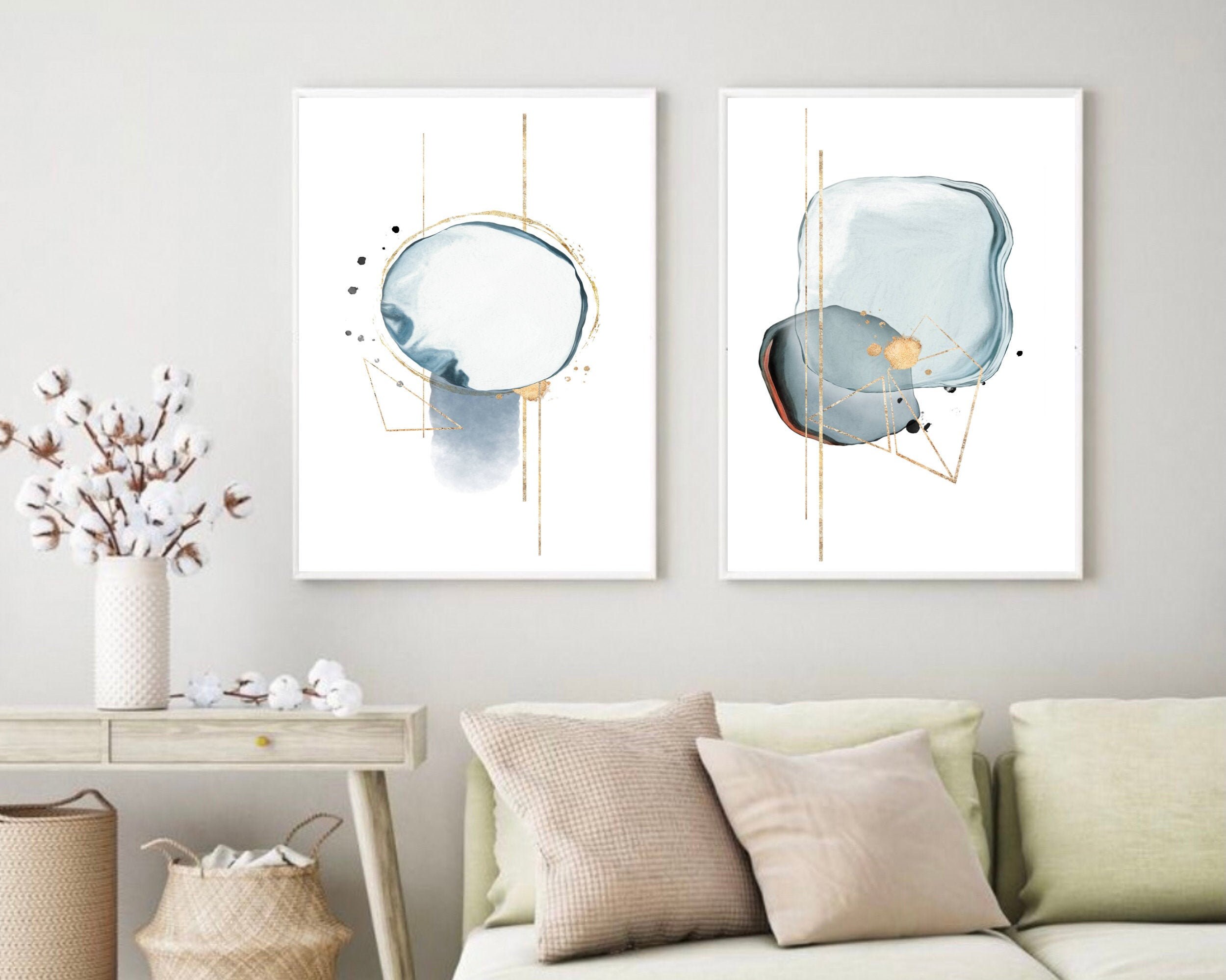 Blue and Grey Abstract Wall Art Set of 2 Navy Modern Etsy