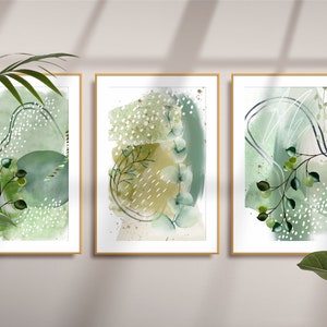 Green Abstract Wall Art, Olive and Sage Green Watercolour Shapes Printable Wall Art Set of 3 Modern Hallway Prints, Living Room Wall Decor