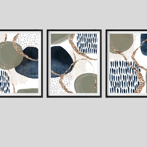 Abstract Wall Art, Navy and Sage Green Abstract Print Set of 3 ...
